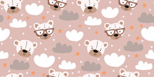 Seamless Teddy Bear, Clouds, Stars Pattern Vector Illustration In Beige Pastel Colors