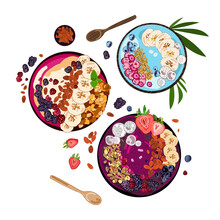 Healthy Breakfast Smoothie Bowls With Fruit Toppings.Vector Set Smoothie Bowl Acai,banana,berries, Nuts,spirulina,dragon Fruit And Granola,isolated On A White Background.Healthy Summer Food.Hand Drawn