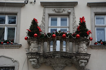 Facade of house decorated for Christmas and New Year's