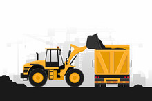 Background Of Heavy Machinery In Construction Work With Front Loader And Truck With Rear View On Gray Background