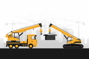 Wall Mural - Heavy machinery of crane truck and telescopic crane holding an iron block in a construction with buildings on gray background