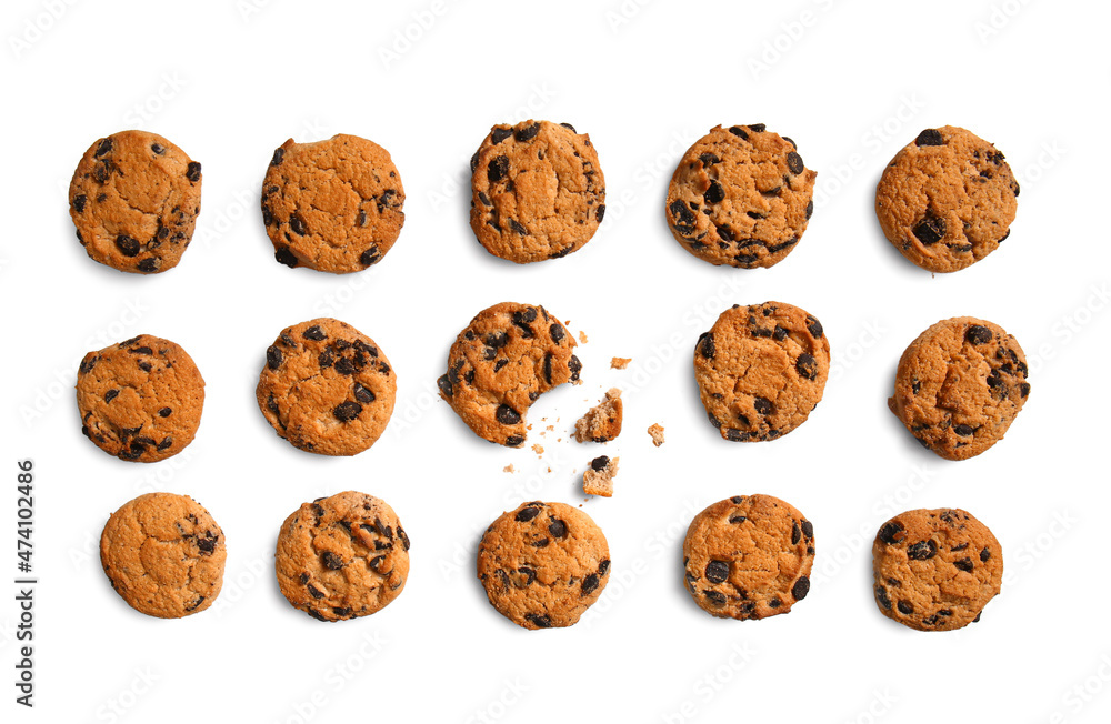 Tasty chocolate chips cookies on white background