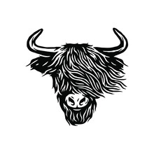 Vector Of Highland Cattle, Cow. Head Of Scottish Cattle On White Background. Design Element For Logo, Poster, Card, Banner, Emblem, T Shirt. Vector Illustration