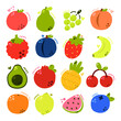 Hand drawn set of cuty fruits. Apple, pear, grape, peach, raspberry, strawberry, banana, pineapple, avocado. 