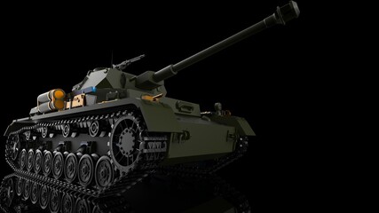 Wall Mural - Metallic dark green military tank on black-white flash lighting background. Concept image of power strength, dynamic strategy and Strong system. 3D illustration. 3D high quality rendering. 3D CG.