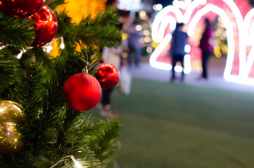 Wall Mural - Red balls decorated with Christmas tree decorations. New year and Christmas festivals. Copy space background.