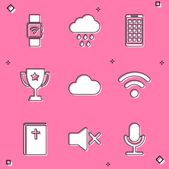 Sticker - Set Smartwatch with wireless, Cloud rain, Mobile Apps, Trophy cup, and Wi-Fi network icon. Vector