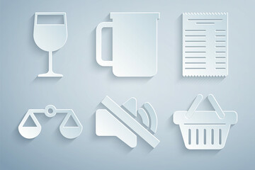 Sticker - Set Speaker mute, Paper or financial check, Scales of justice, Shopping basket, Coffee cup and Wine glass icon. Vector