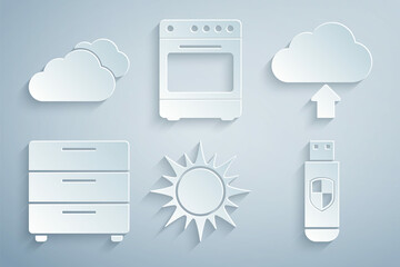 Sticker - Set Sun, Cloud upload, Furniture nightstand, USB flash drive shield, Oven and icon. Vector