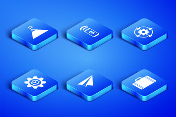 Poster - Set Suitcase for travel, Mountains and flag, Paper plane, Product development, Contactless payment and Outsourcing concept icon. Vector