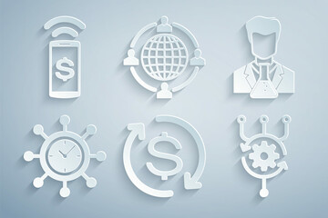 Poster - Set Return of investment, Scientist and test tube, Clock gear, Algorithm, Outsourcing concept and Contactless payment icon. Vector