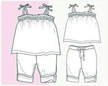 Baby Clothes Flat Sketch Template Isolated. Baby Girl Clothes Design Vector. Baby Fashion. You Can Use It As A Base In Your Collection. You Can Color Each Different Part Of The Outfit Separately