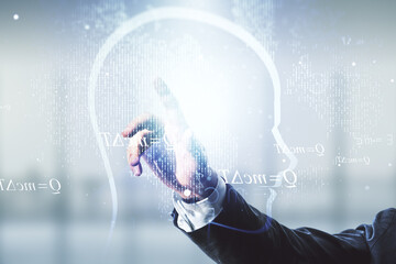 Wall Mural - man hand clicks on abstract virtual artificial intelligence concept with human head sketch on blurre