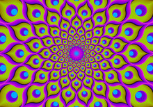 Green Flower From Feathers Of Peacock. Flower Blossom. Optical Expansion Illusion.