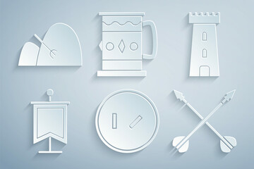 Poster - Set Round wooden shield, Castle tower, Medieval flag, crossed arrows, Wooden mug and Bale of hay and rake icon. Vector