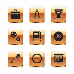 Sticker - Set Briefcase, Microphone, Clock, Book, Timing belt kit, Stage stand, Projection screen and Drawing compass icon. Vector