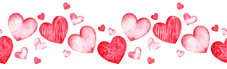 seamless watercolor header with red hearts on the white background. valentine's day border. hand-dra
