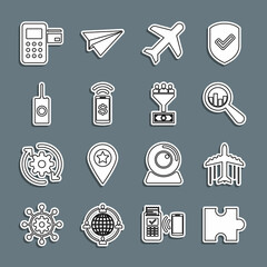 Canvas Print - Set line Piece of puzzle, Plane, Magnifying glass and analysis, Contactless payment, Remote control, Pos terminal and Lead management icon. Vector