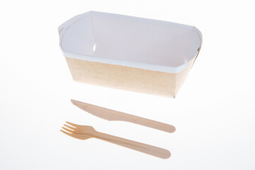 Wall Mural - Brown white blank cardboard Rectangle Take Away Box Packaging For Sandwich Food with wooden knife fork