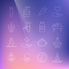 Poster - Set line Aroma candle, Oil bottle, Acupuncture therapy, Syringe, Laboratory glass leaves, Plant, Carrot and Collagen serum icon. Vector