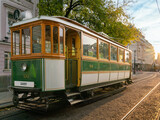 Fototapeta Londyn - Vintage tram in green paint in historic centre of Bratislava, Slovakia