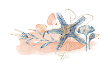 Watercolor Underwater Floral Bouquet With Corals And Starfish, Hand Drawn Marine Illustration