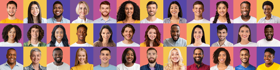  Friendly smiling millennial, senior and adult diverse people look at camera on colorful backgrounds