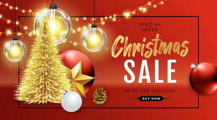 Wall Mural - Winter sale poster with christmas holiday decorations. Christmas and New Year background. Vector illustration