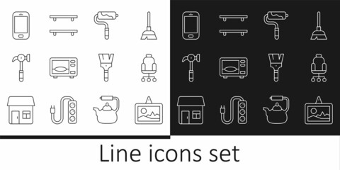 Poster - Set line Picture, Office chair, Paint roller brush, Microwave oven, Hammer, Mobile phone, and Empty wooden shelves icon. Vector