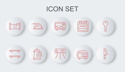 Sticker - Set line Knife, Empty wooden shelves, Microwave oven, Radio, Bed, Electric iron, kettle and Air conditioner icon. Vector