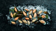 Large green mussels in shells on ice. Seafood. On a black stone background. Top view. Free space for text.