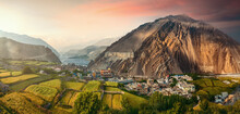 Panoramic View Of Ancient Village Of Kagbeni: Gateway To Upper Mustang. Mustang Region Of Northern-central Nepal.