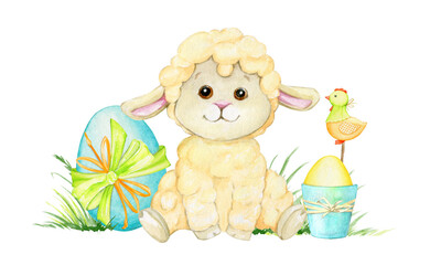 Cute lamb, sitting in a meadow, surrounded by Easter eggs. Watercolor colorful clipart, in cartoon style, on an isolated background.