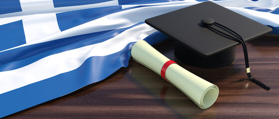 Education studies in Greece. Greek flag, college university diploma on wooden desk 3d illustration