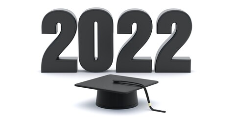 Wall Mural - 2022 Class Graduation. Year number and College cap isolated on white background. 3d illustration