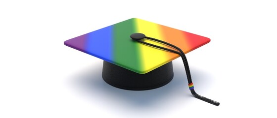 LGBT Graduate hat. College, high school gay flag cap isolated on white. 3d illustration