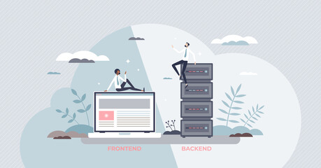 Wall Mural - frontend vs backend programming sides for website tiny person concept. final landing page tech compa
