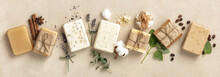 Natural Soap Bars And Ingredients On Beige Background, Flat Lay