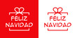 Banner con texto Feliz Navidad en español en caja de regalo con líneas para su uso en invitaciones y tarjetas de felicitación en fondo rojo y blanco