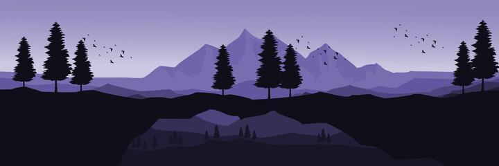 morning view at mountain landscape vector illustration good for wallpaper, background, backdrop, web banner, blog, web background, and design template