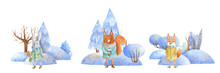 Watercolor Winter Compositions With Animals In A Snowy Forest. The Fox Walks Through The Forest, The Rabbit Is Waiting For His Beloved, And The Squirrel Is Enjoying Hot Coffee. Suitable For Any Idea.