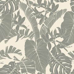 Wall Mural - Exotic flower and palm bananas leaves illustration. Light pastel vintage green seamless pattern.