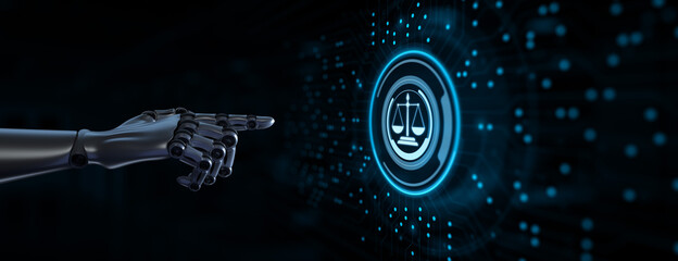 Labor law cyber compliance advocacy business concept. Robot hand Pressing button 3d render.