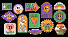 Fun Groovy Retro Clipart Elements Set. 70s, 80s, 90s Cartoon Style. Patches, Pins, Stamps, Stickers Templates. Funny Cute Comic Characters. Abstract Trendy, Vintage, Nostalgic Aesthetic Background