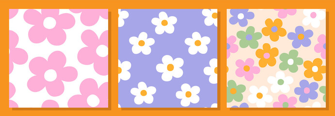 Set of three abstract square seamless patterns with vintage groovy daisy flowers. Retro floral vector background surface design, textile, stationery, wrapping paper, covers. 60s, 70s, 80s style