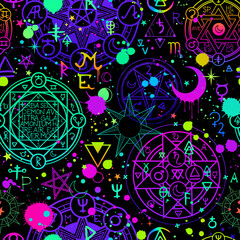 seamless illustration of magical bright alchemical and cosmic signs