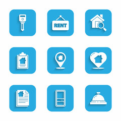 Sticker - Set Location with house, Closed door, Hotel service bell, House heart shape, contract, Search and key icon. Vector