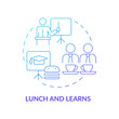 © IMG visuals icons - Education during lunch concept icon. Company staff collaborative and educative event abstract idea thin line illustration. Isolated outline drawing. Roboto-Medium, Myriad Pro-Bold fonts used
