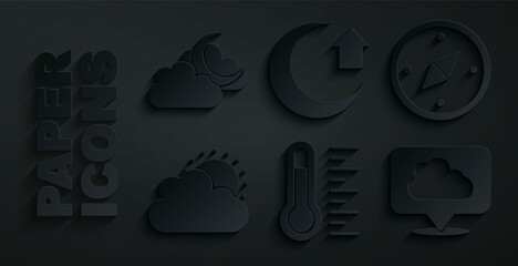 Sticker - Set Meteorology thermometer, Compass, Sun and cloud weather, Location, Moon and Cloud with moon icon. Vector