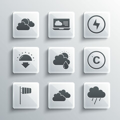 Sticker - Set Cloud, with rain, Celsius, and sun, Cone windsock wind vane, Sunset, cloud weather and Lightning bolt icon. Vector